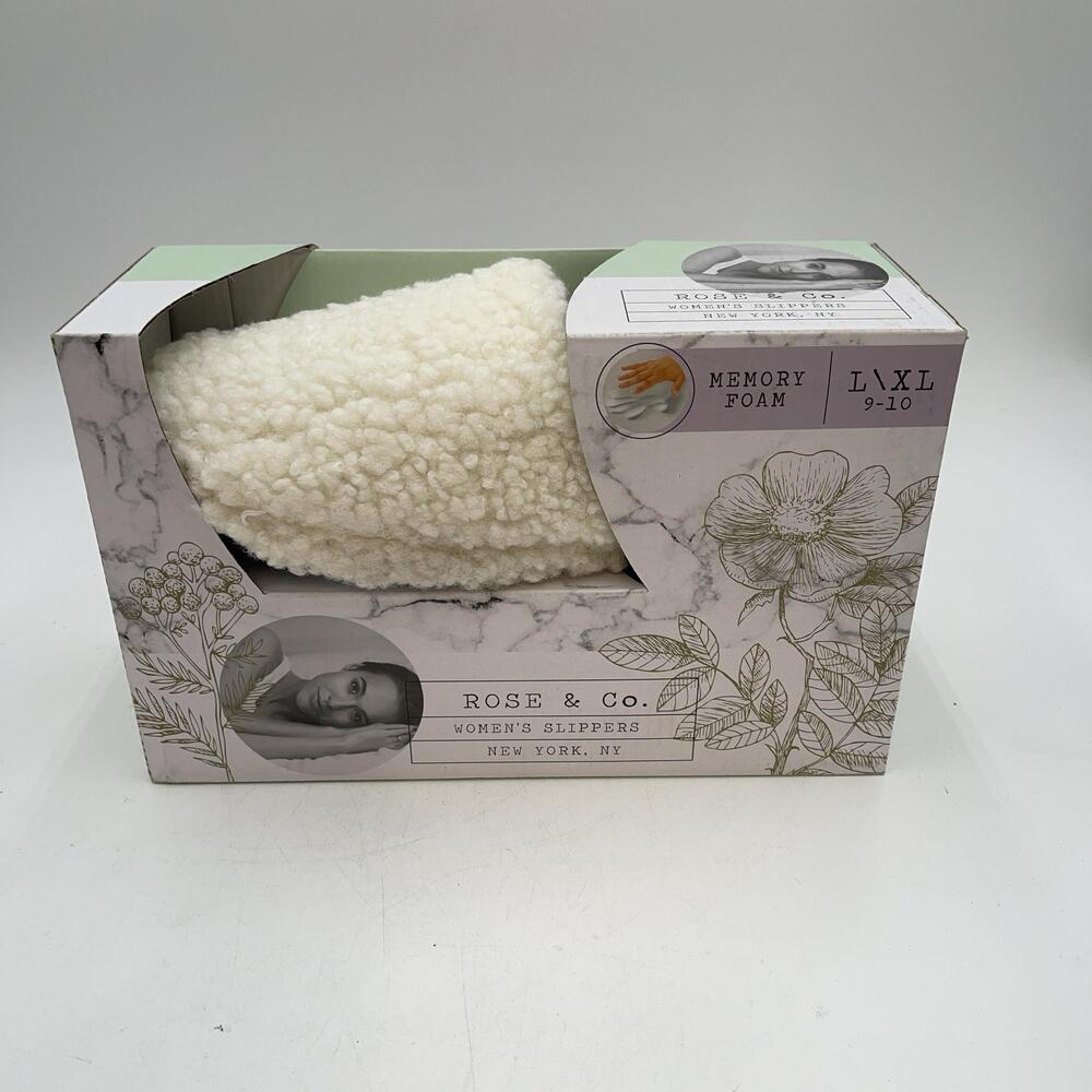 Rose & Co Slippers Womens White Fleece Memory Foam Slip On Cozy House Size 9.5
